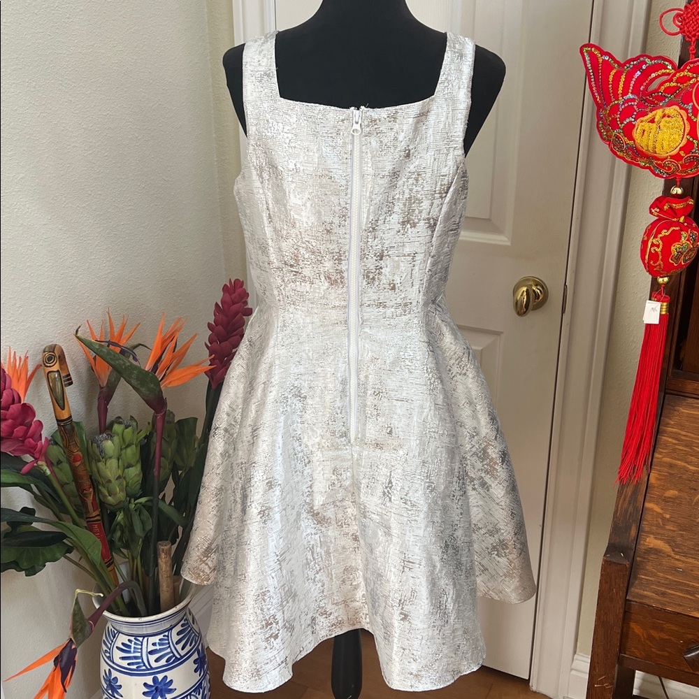 Mac Duggal Square Neck Sleeveless fit flare Dress Size 10 silver rhinestone - Picture 4 of 13